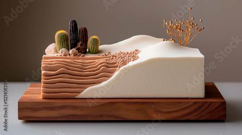 Abstract dessert, a cake shaped like a sand dune with chocolate cacti and edible golden accents. photo