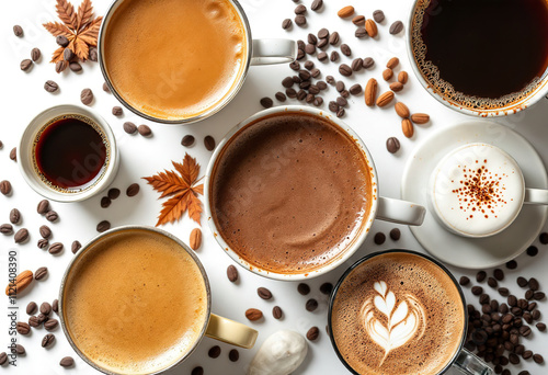 Various hot beverages drinks. Different coffee drinks assorted isolated on white background