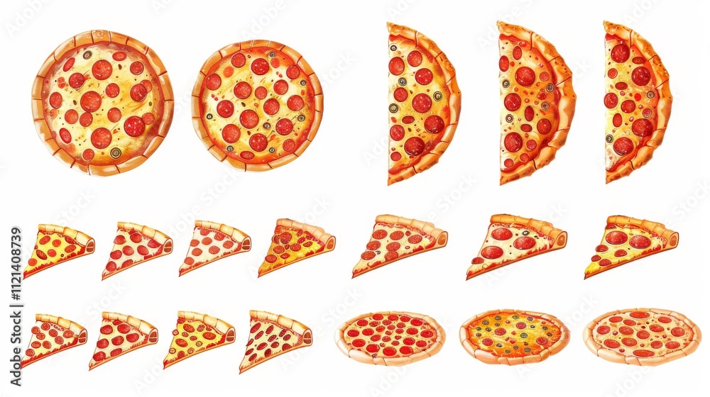 Whole and sliced pepperoni pizzas are arranged in sequence on a white background. Concept of pizza variety and serving sizes. For menu design or food illustrations. Whole and sliced pepperoni pizzas are arranged in sequence on a white background. Concept of pizza variety and serving sizes. For menu design or food illustrations.
