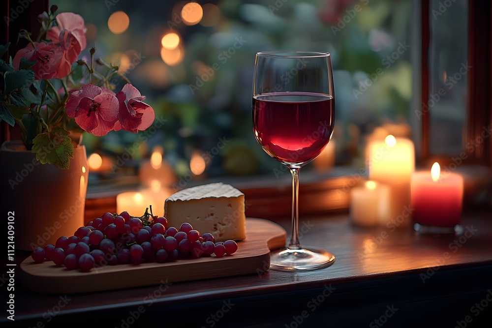 Glass of red wine with cheese platter Glass of red wine with cheese platter