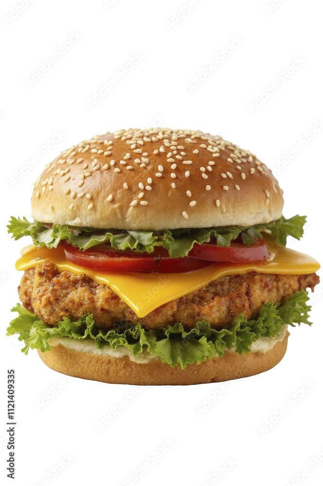 Large burger with mayo, cheese, lettuce, tomato, and chicken tender, transparent isolated png Large burger with mayo, cheese, lettuce, tomato, and chicken tender, transparent isolated png