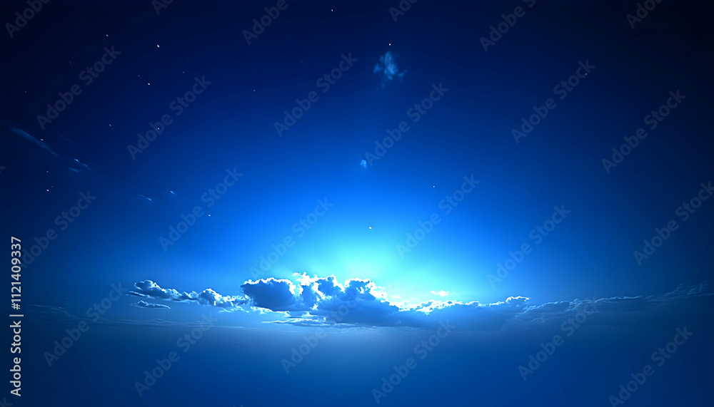 Fototapeta premium Serene twilight sky, vibrant blue hues, fluffy clouds illuminated from below, peaceful atmospheric scene, perfect for desktop backgrounds or design projects.