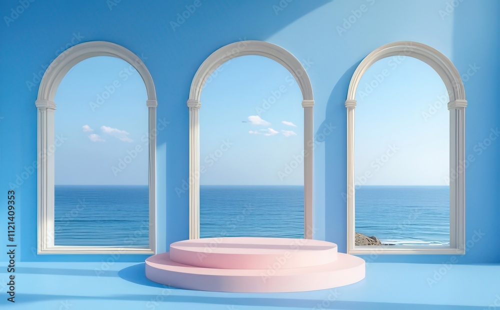 Pastel pink podium in blue room with ocean view. Pastel pink podium in blue room with ocean view.
