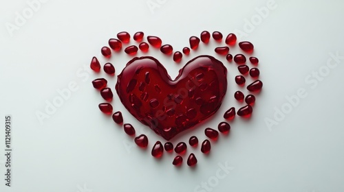 Blood drops arranged in the shape of a heart on a pristine light background, symbolizing love, health, and life fragility