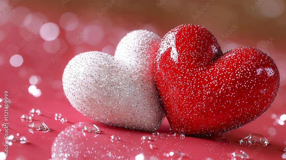 Obraz premium Valentine's Day Celebration with Glittery Red and Silver Hearts Romantic Environment Close-up View Festive Decor