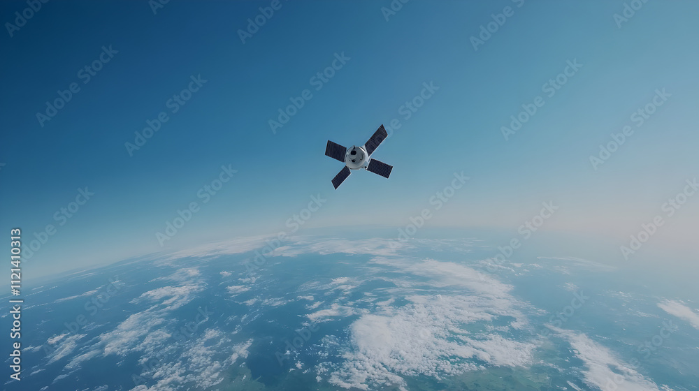 A simple, geometric design of a satellite orbiting the Earth with clean lines. Satellite in orbit illustration. A simple, geometric design of a satellite orbiting the Earth with clean lines. Satellite in orbit illustration.