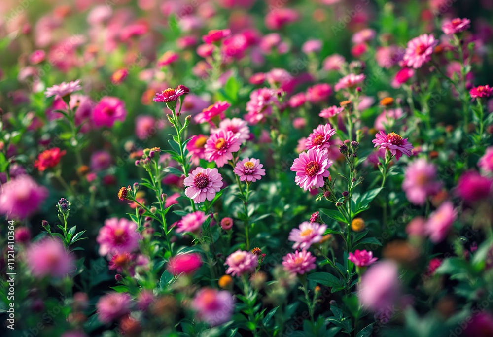 A close-up view of a vibrant field of pink and purple flowers, creating a lush, colorful background A close-up view of a vibrant field of pink and purple flowers, creating a lush, colorful background