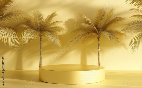 Golden palm trees flanking a round pedestal against a yellow background.
