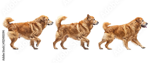 Three golden-colored dogs walking in a row.