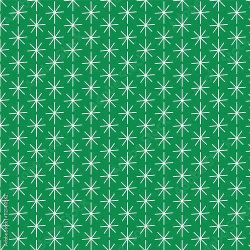 Seamless green background pattern with white star motifs. Perfect for festive wrapping paper, holiday card designs, and seasonal decorations, Christmas, new year also called sparkle