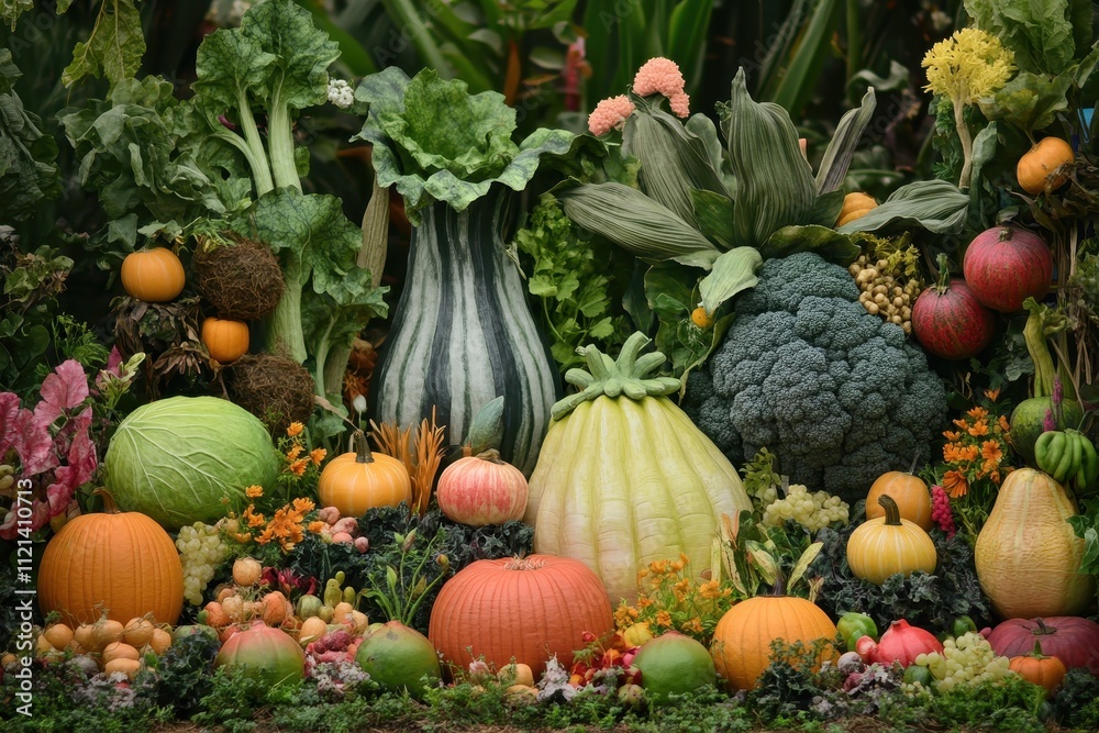 A Colorful Arrangement of Pumpkins, Squashes, and Other Produce A Colorful Arrangement of Pumpkins, Squashes, and Other Produce