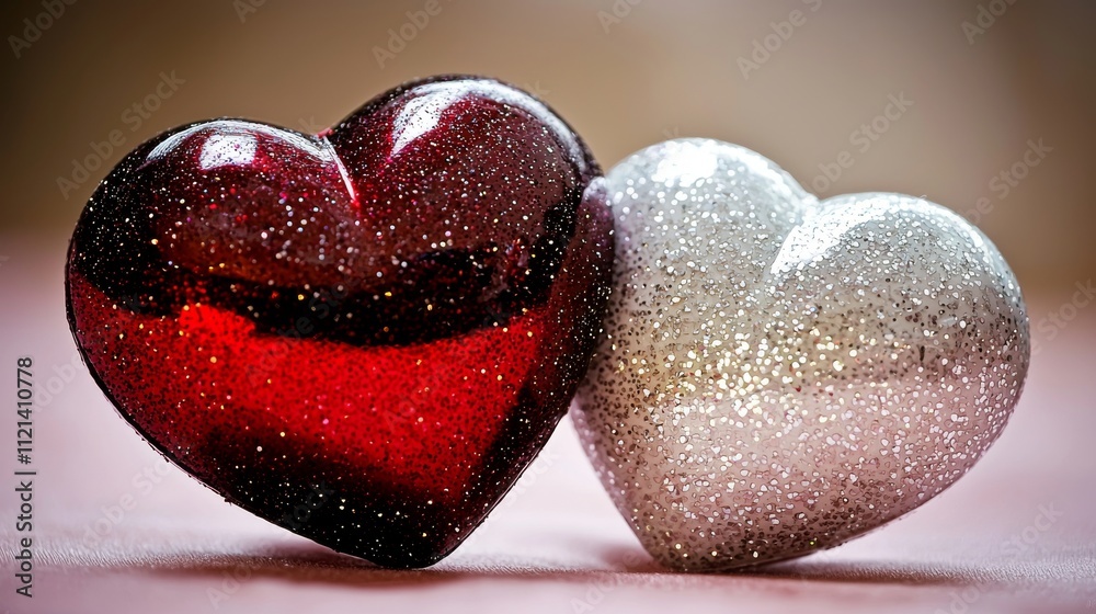 Obraz premium Valentine's Day Celebration with Red and Silver Glitter Hearts Home Decor Close-Up Romantic Atmosphere Love Concept