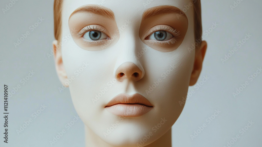 Realistic mannequin with striking features and soft lighting in a minimalist setting Realistic mannequin with striking features and soft lighting in a minimalist setting