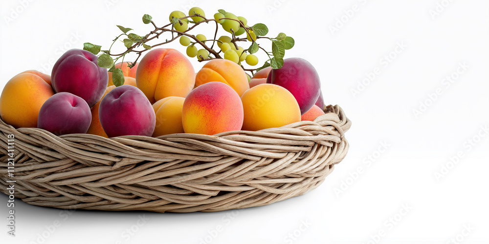 Round basket with peaches and plums, on a white background Round basket with peaches and plums, on a white background
