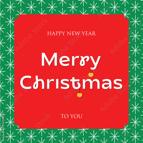 Festive Merry Christmas and Happy New Year greeting card with decorative text, red background, and green starry border. Perfect for holiday-themed designs and messages
