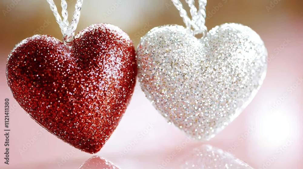 Fototapeta premium Valentine's Day Sparkling Hearts Celebration Romantic Setting Decorative Content Glittery Atmosphere Close-Up View Love Concept