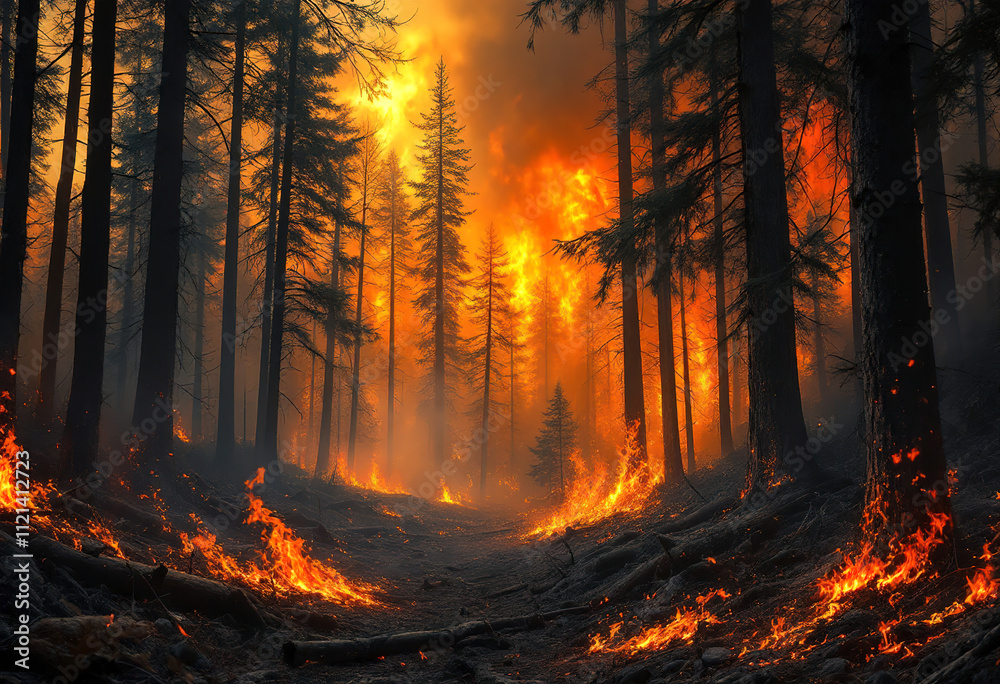 A raging forest fire with tall trees engulfed in flames A raging forest fire with tall trees engulfed in flames