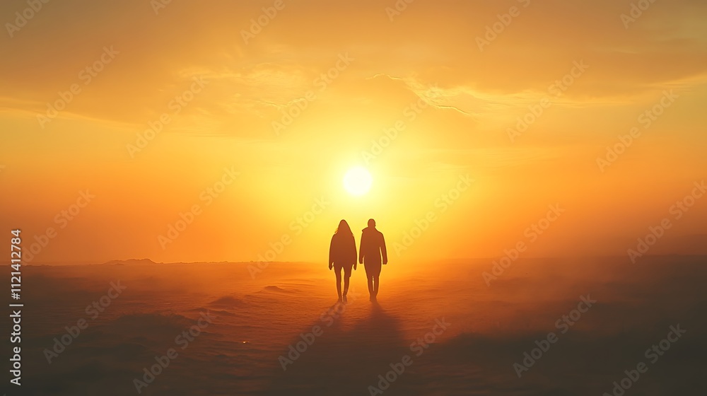 Silhouetted couple walking hand in hand at sunset. Silhouetted couple walking hand in hand at sunset.