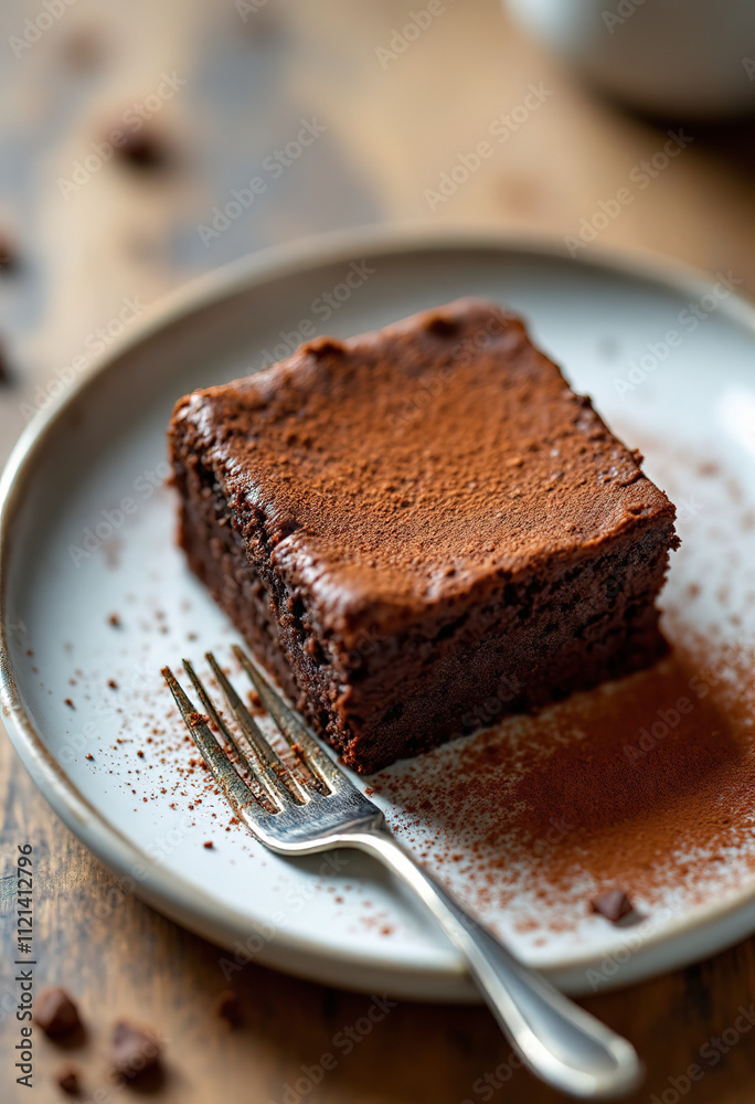 A rich, fudgy chocolate brownie on a plate, dusted with cocoa powder, with a fork next to it on a wooden surface A rich, fudgy chocolate brownie on a plate, dusted with cocoa powder, with a fork next to it on a wooden surface