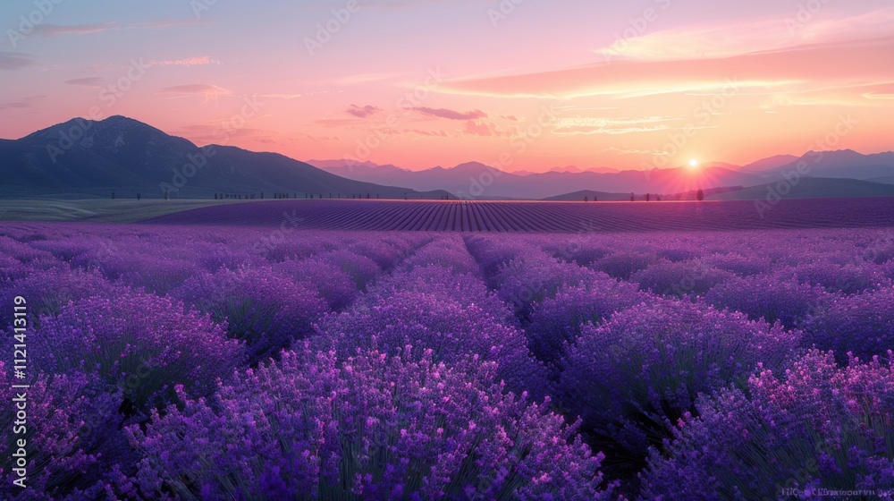 Serene Lavender Field at Sunset in Full Bloom