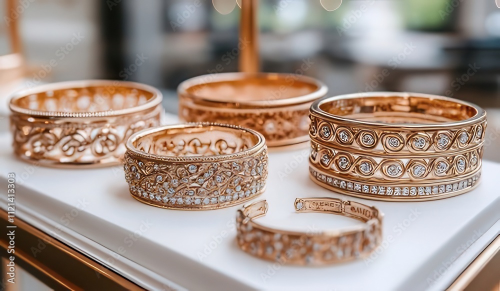 Elegant rose gold diamond bracelets displayed on a white surface. Elegant rose gold diamond bracelets displayed on a white surface.