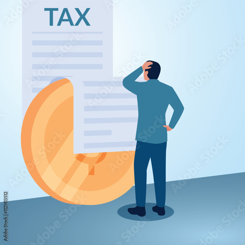 A man scratches his head looking at tax paper on top of coins. Illustration for paying taxes, tax deductions, taxable income.