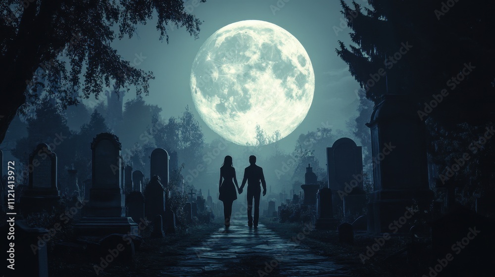 The full moon casts light over a couple holding hands in a quiet graveyard, evoking themes of love and eternity The full moon casts light over a couple holding hands in a quiet graveyard, evoking themes of love and eternity