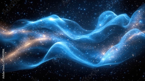 Abstract blue wave of stars and stardust on black background