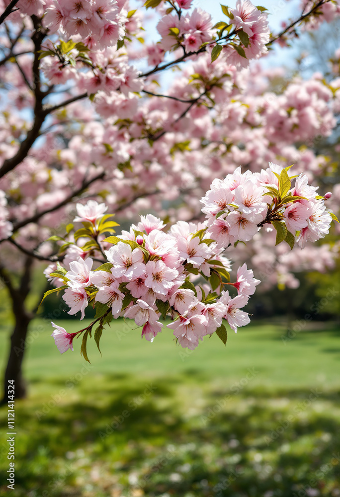 Obraz premium Blooming pink cherry blossom trees in a lush green garden on a sunny day