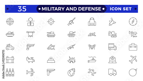 Military equipment, combat war weapon line icon set. Missile bomb and grenade, pistol and medal of army soldier, target of gun drone Military and Defense outline symbols vector illustration.