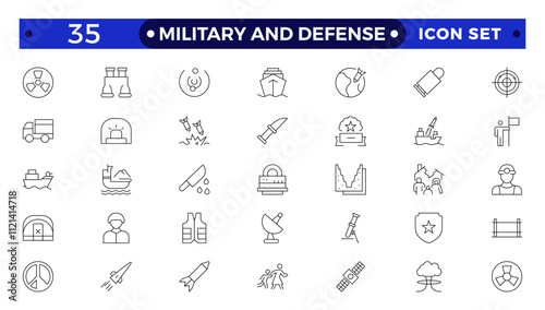 Military equipment, combat war weapon line icon set. Missile bomb and grenade, pistol and medal of army soldier, target of gun drone Military and Defense outline symbols vector illustration.