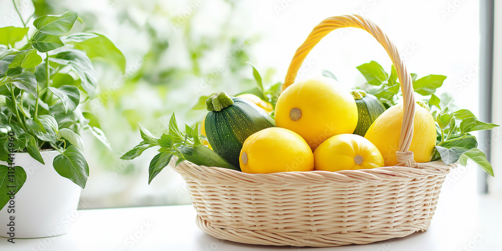 Small basket with zucchini and yellow squash, white background Small basket with zucchini and yellow squash, white background