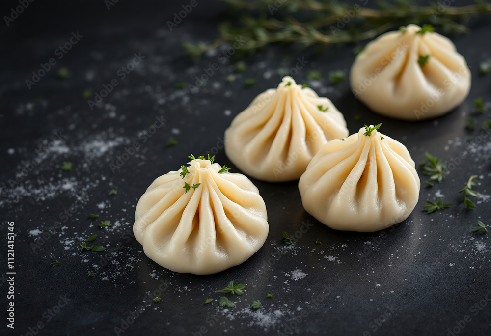 Four white dumplings with green herbs on a dark background Four white dumplings with green herbs on a dark background