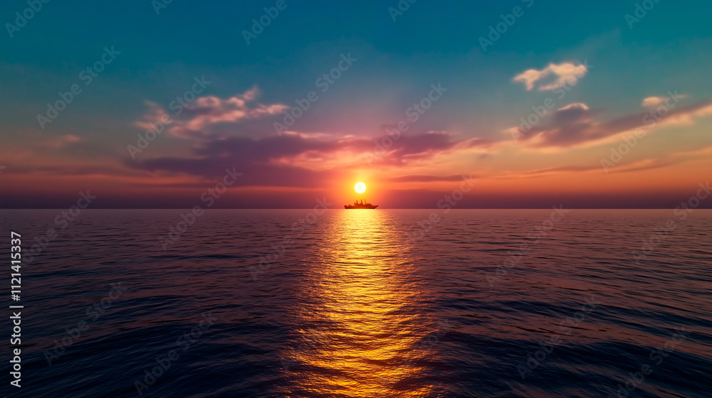 Fototapeta premium Ocean reflection at moonrise, a line silhouette of a historic ship in the distance.