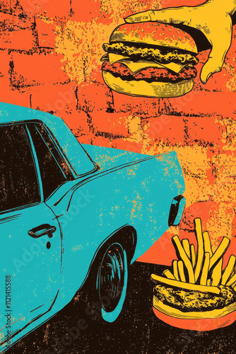 Retro Pop Art Fast Food Illustration with Blue Car and Orange Background photo