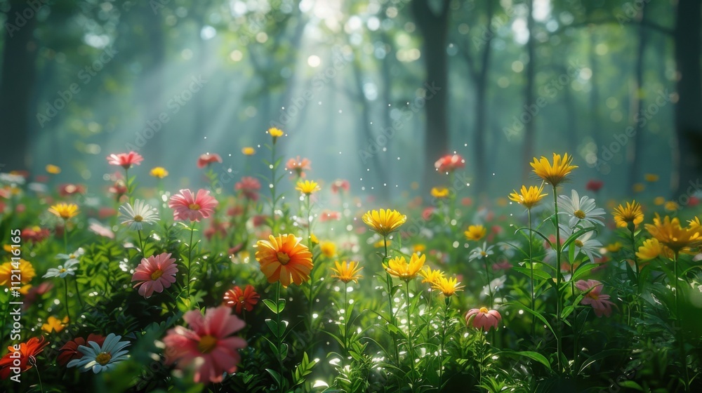 Obraz premium Vibrant Wildflowers in a Peaceful Forest Setting