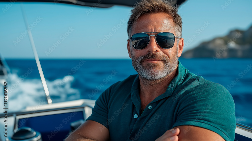 the man at the helm of the yacht. the man at the helm of the yacht.