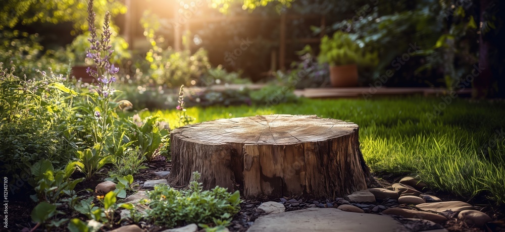 Obraz premium Tree stump surrounded by lush garden greenery, sunlight filtering through trees, vibrant flowers, and soft grass, copy space for text