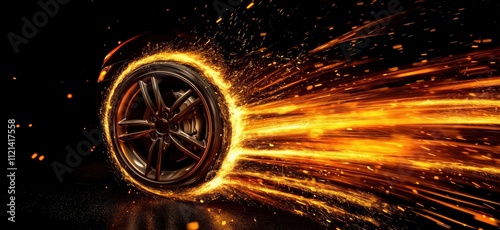 Burning tire with sparks and flames, dynamic motion, black background, high-speed effect, copy space for text photo