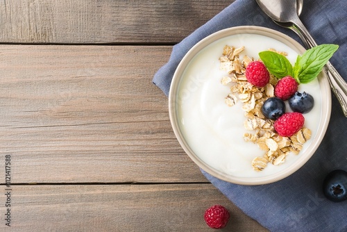 bowl of yogurt, raspberries and oatmeal, placed under a napkin. National Nutrition Month. photo