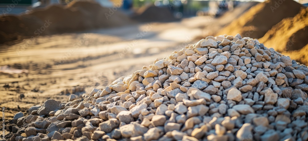 Piled gravel stones, construction site background, blurred workers, sandy ground, copy space for text Piled gravel stones, construction site background, blurred workers, sandy ground, copy space for text