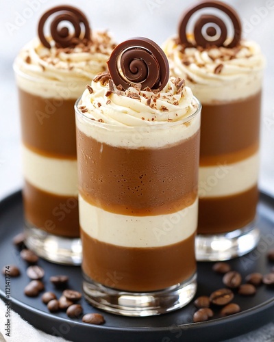 Mocha mousse concept. Delicious layered dessert featuring coffee and cream topped with chocolate swirls.