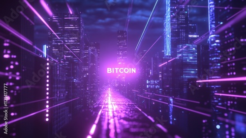 "BITCOIN" projected as a glowing hologram with light beams and a sci-fi vibe