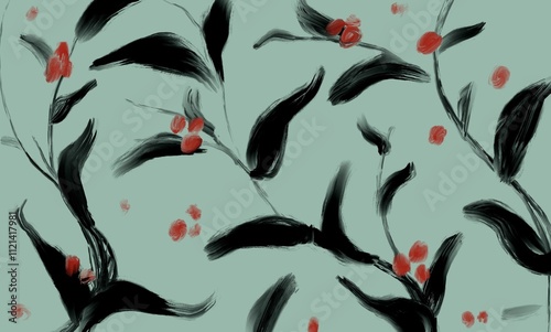 floral pattern background with black leaves an green backdrop with red berries