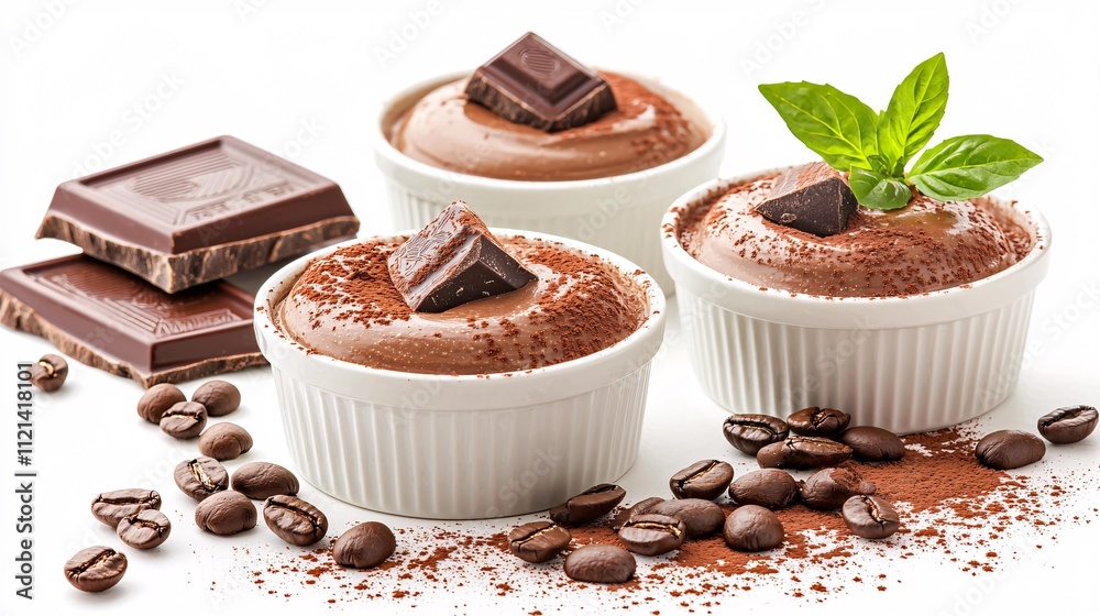 Mocha mousse concept. Decadent chocolate mousse in cups, garnished with chocolate and mint, surrounded by cocoa and coffee beans. Mocha mousse concept. Decadent chocolate mousse in cups, garnished with chocolate and mint, surrounded by cocoa and coffee beans.