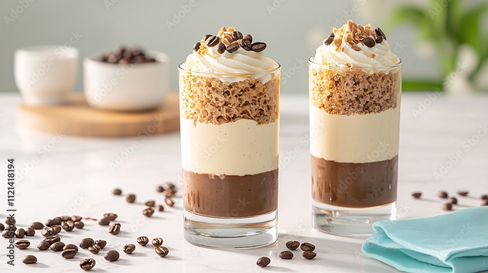 Mocha mousse concept. Delicious layered dessert with chocolate, cream, and crushed cookies topped with whipped cream and coffee beans.