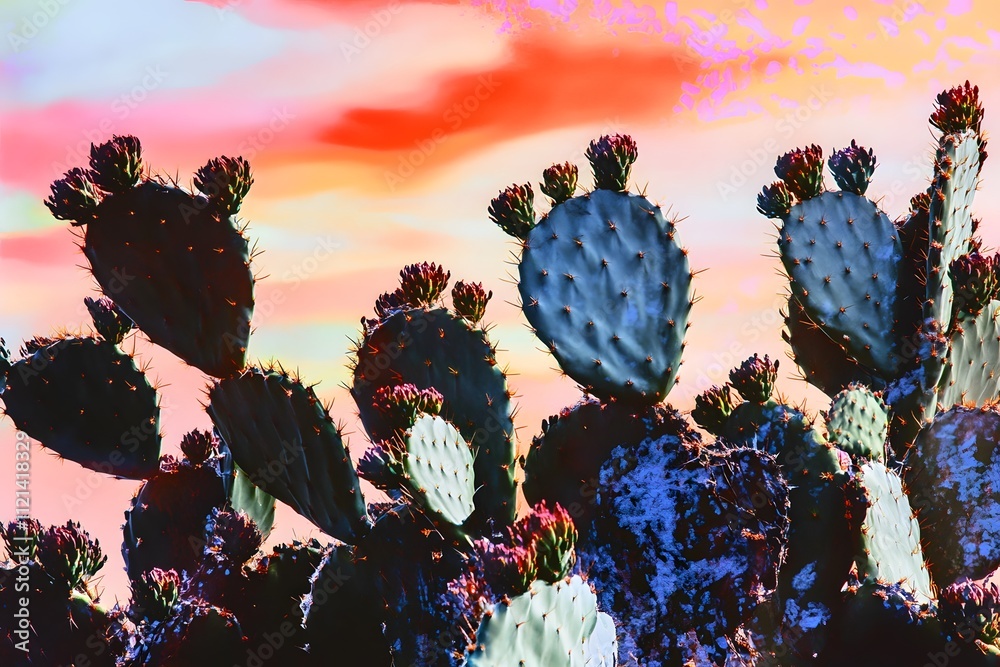 Naklejka premium Desert cactus desert sunset