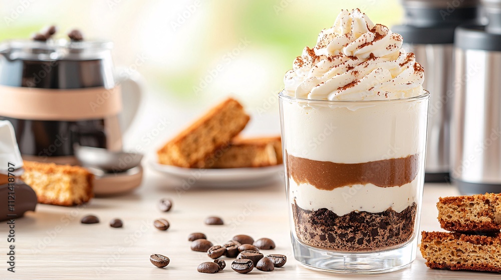Mocha mousse concept. Delicious layered dessert with cream, chocolate, and coffee beside baked goods and coffee equipment. Mocha mousse concept. Delicious layered dessert with cream, chocolate, and coffee beside baked goods and coffee equipment.