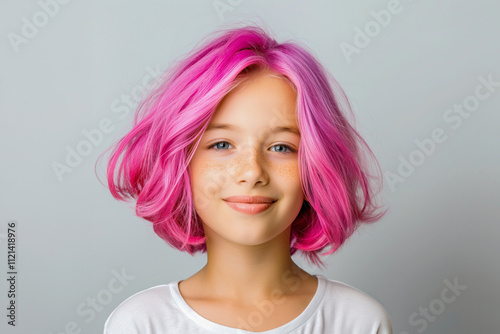 Smiling girl with bright pink hair and freckles in a white shirt against a plain gray background.