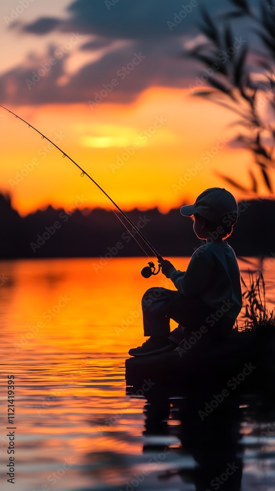 A young child fishing at sunset, enjoying nature's beauty by the lake. A young child fishing at sunset, enjoying nature's beauty by the lake.